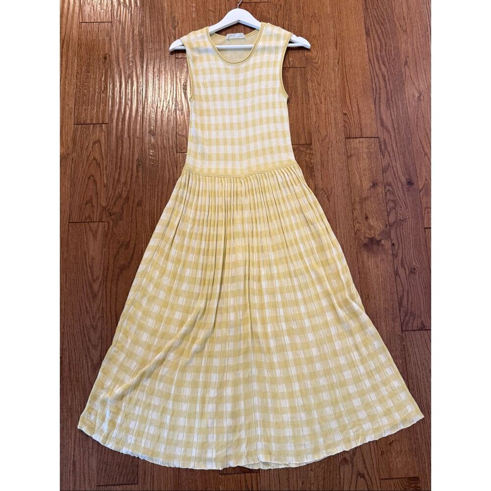 Everlane the knit yellow gingham pleated midi dress small - Picture 8 of 11